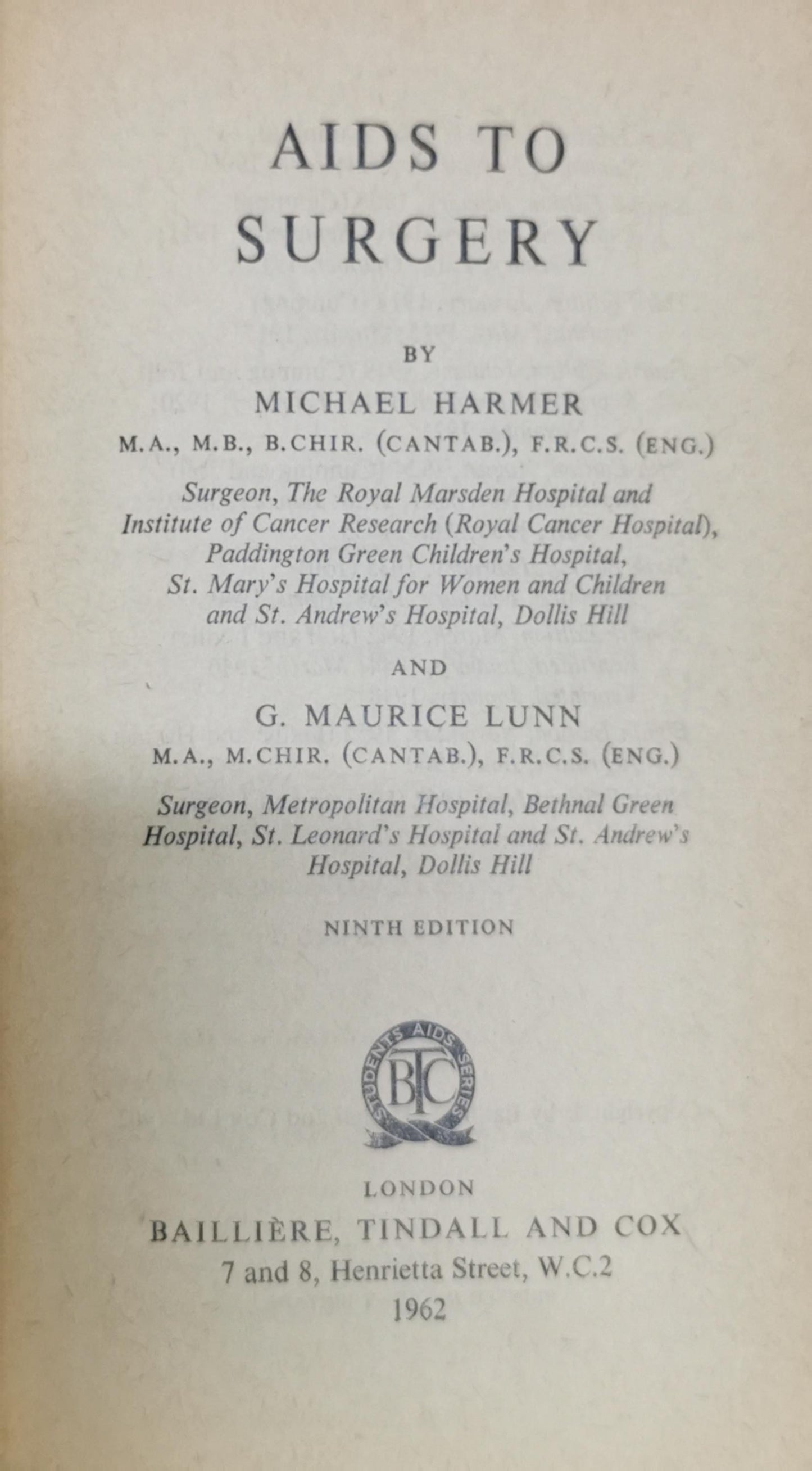 AIDS TO SURGERY By Michael Harmer and G. Maurice Lunn