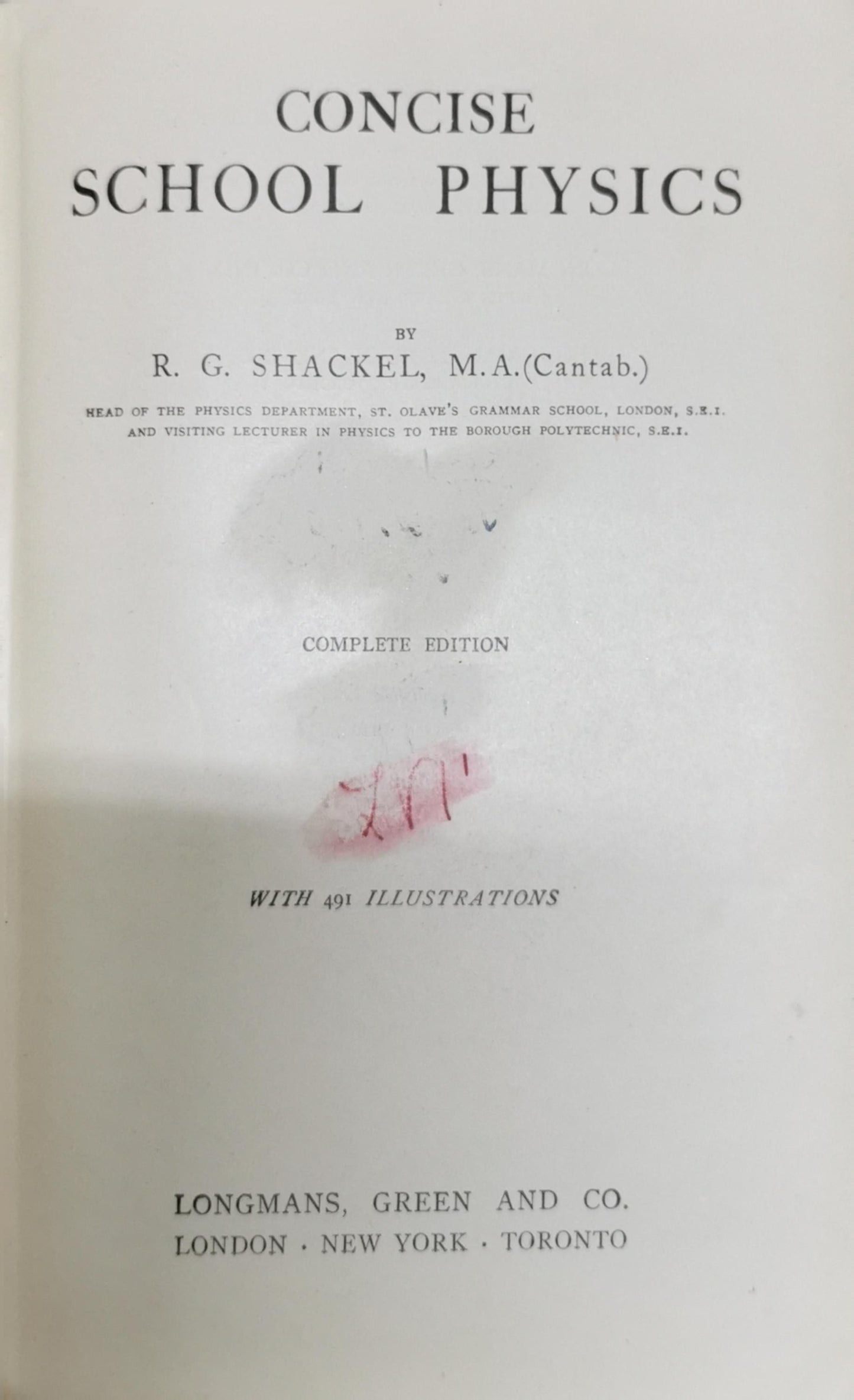 Concise School Physics By R. G. Shackel