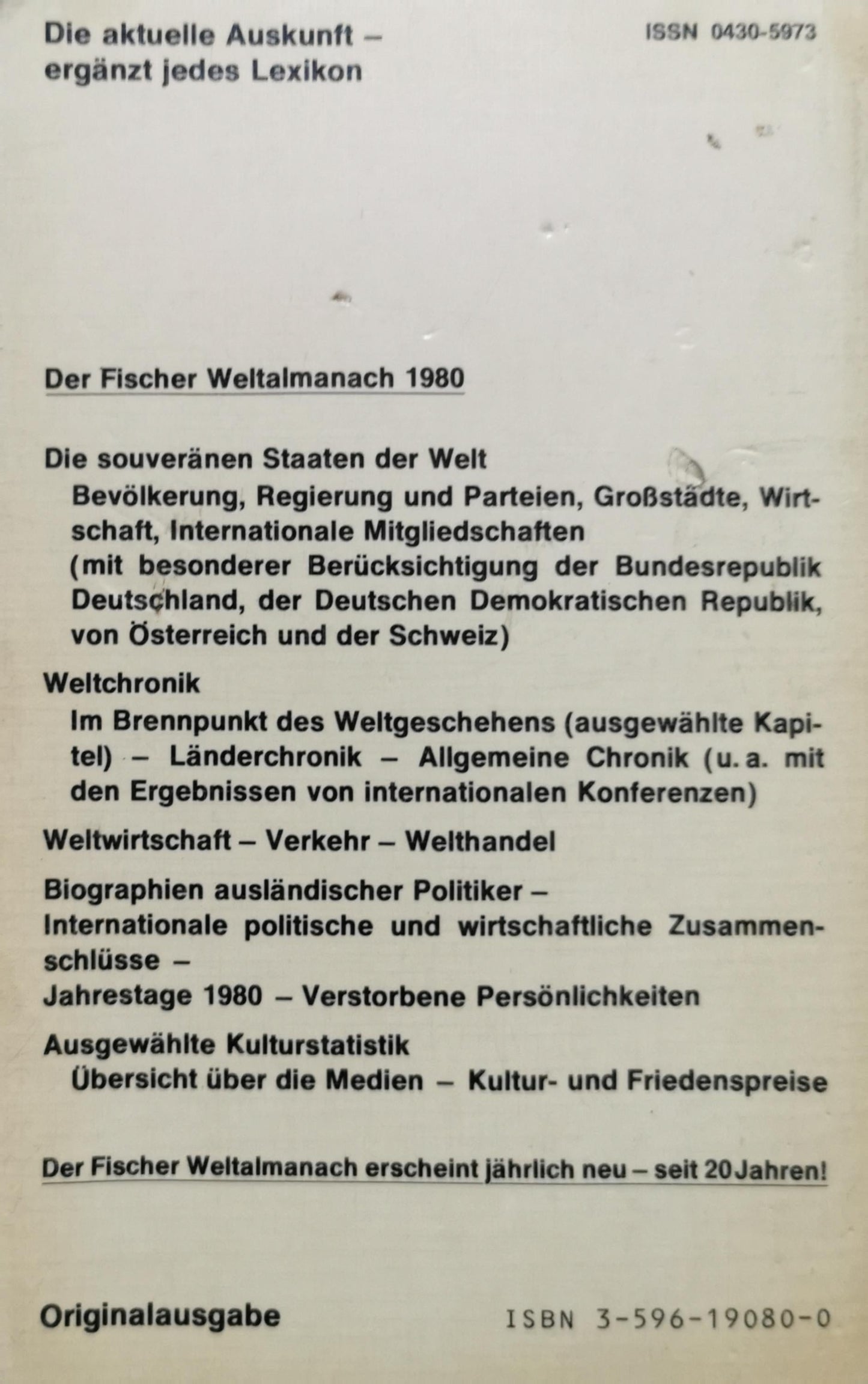 Der Fischer Weltalmanach 1980: Zahlen, Daten, Fakten, Hintergründe By Gustav Fochler-Hauke (Hrsg.)