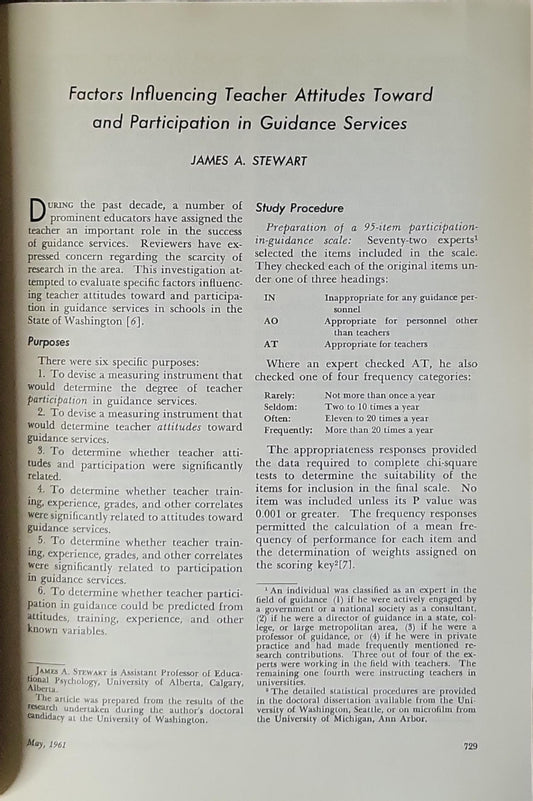 Factors Influencing Teacher Attitudes Toward and Participation in Guidance Services By James A. Stewart