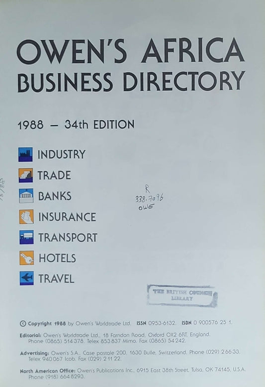 Owen's Africa business directory: industry, trade, banks, insurance, transport, hotels, travel: (Ed. 34.1988)