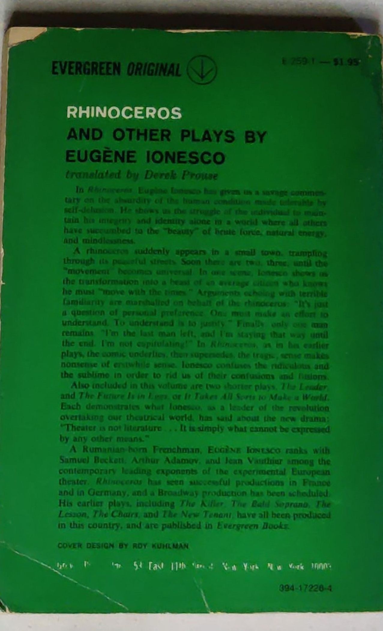 Rhinoceros and Other Plays: Includes: The Leader; The Future Is in Eggs; It Takes All Sorts to Make a World (Evergreen Original)