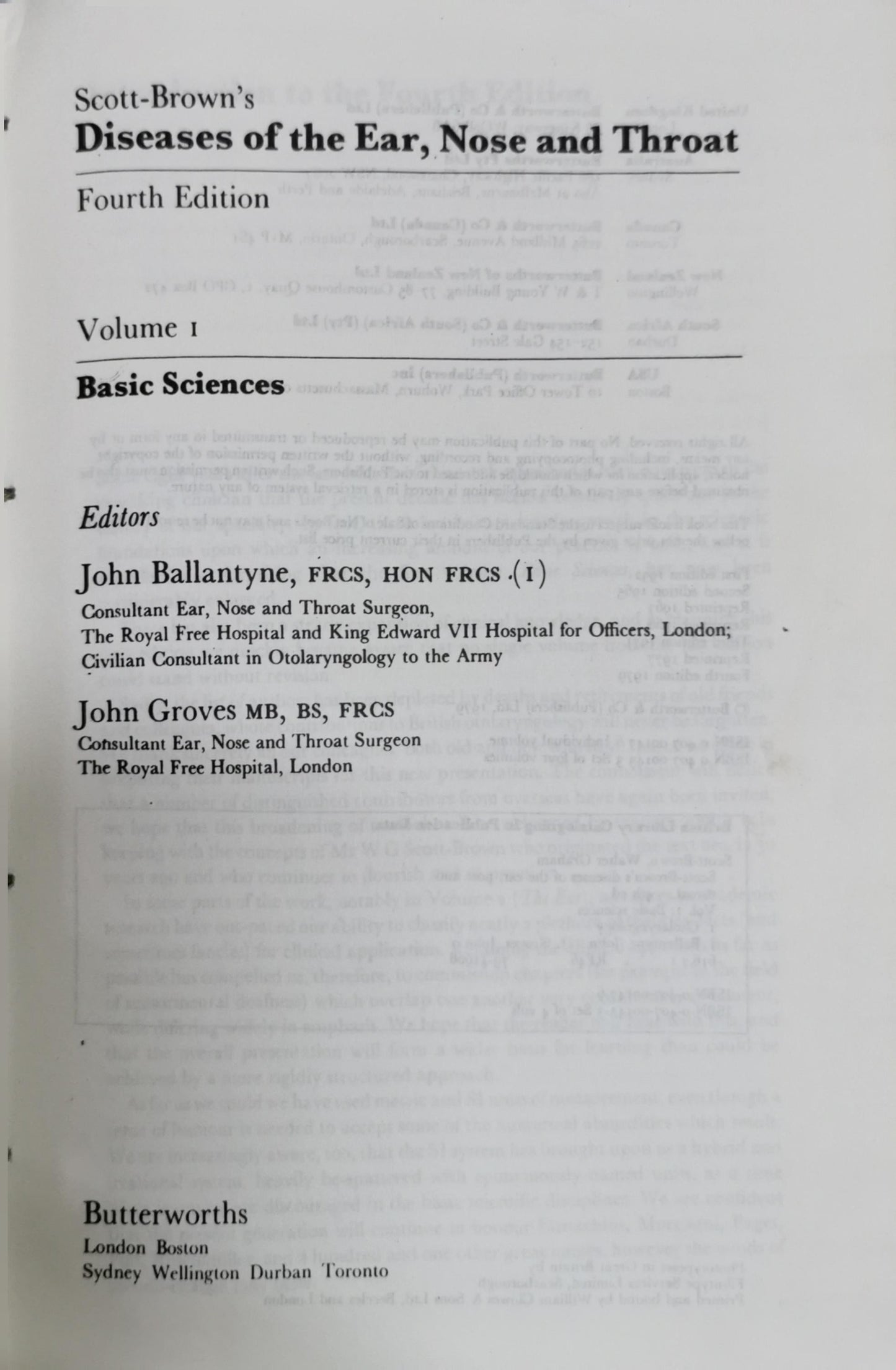 Scott-Brown's Diseases of the Ear, Nose and Throat: Fourth Edition By John Ballantyne, FRCS, HON FRCS (I) and John Groves MB, BS, FRCS