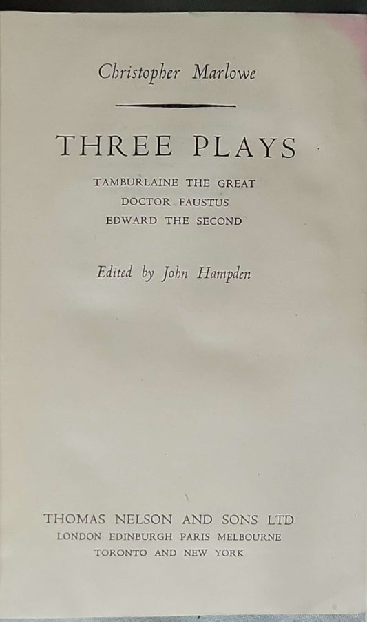 Three Plays: Edited by John Hampden By Christopher Marlowe