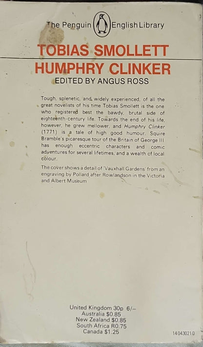 Humphry Clinker (1967): Edited by Angus Ross (Penguin English Library) By Tobias Smollett