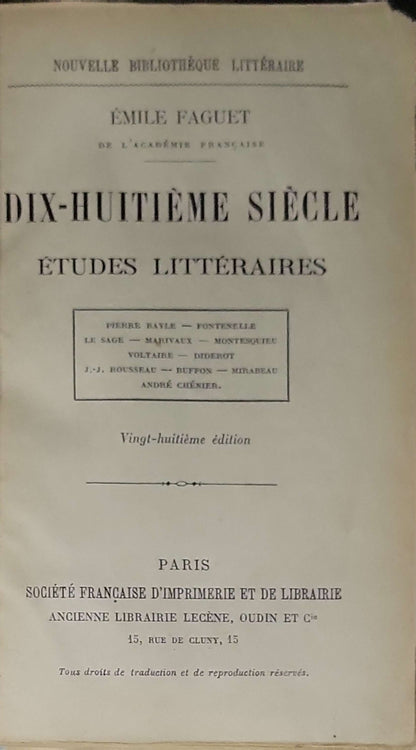 Dix-huitième siècle : Études littéraires: Vingt-huitième édition By Émile Faguet