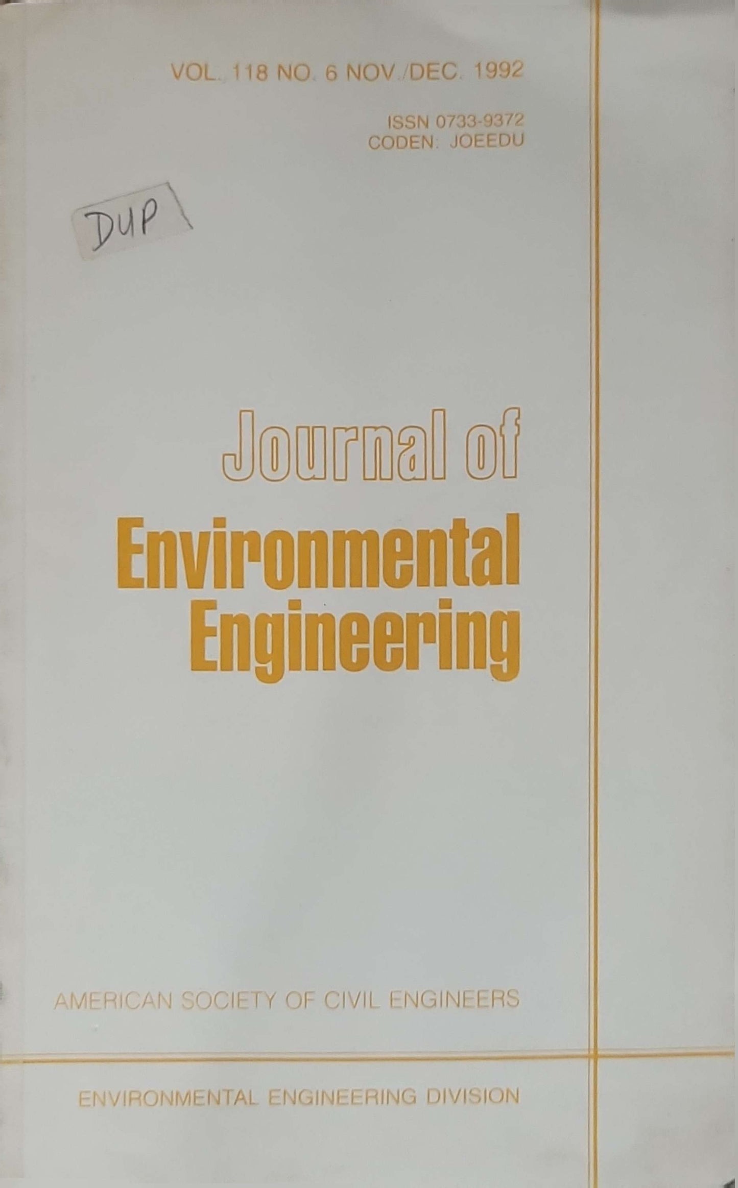 Journal of Environmental Engineering (1992): Vol. 118 No. 6, Nov/Dec 1992
