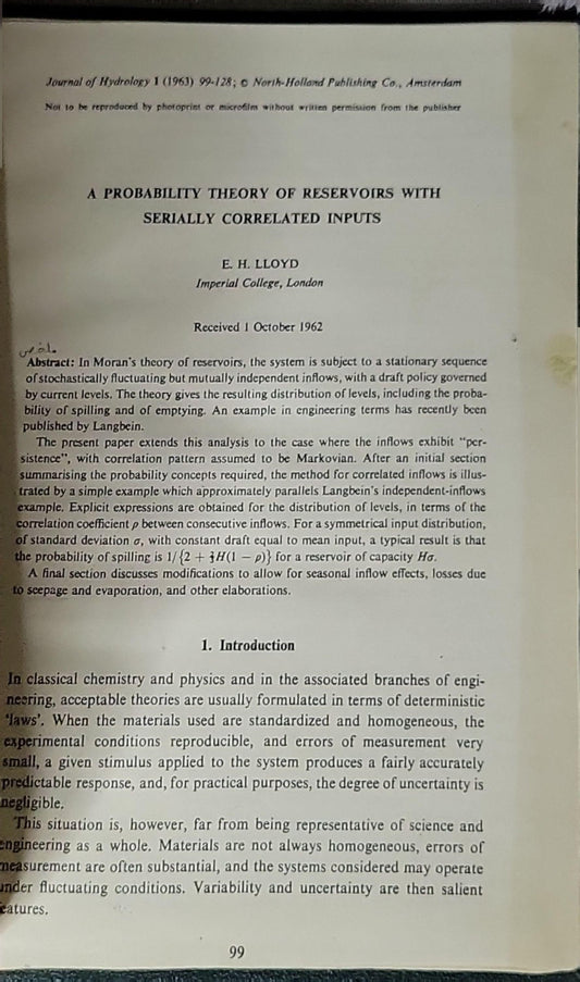 A Probability Theory of Reservoirs with Serially Correlated Inputs By E. H. Lloyd
