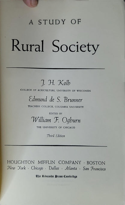 A Study of Rural Society By J. H. Kolb and Edmund de S. Brunner