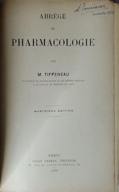 Abrégé de Pharmacologie By M. Tiffeneau