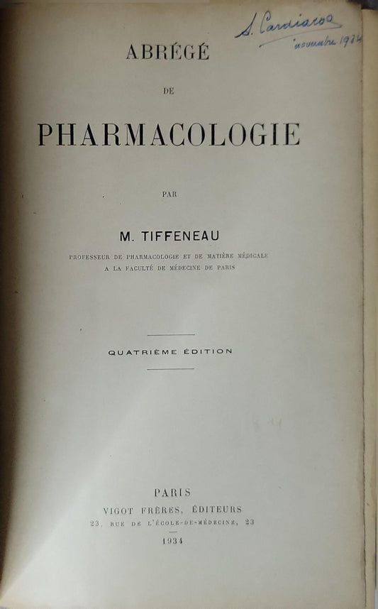 Abrégé de Pharmacologie By M. Tiffeneau