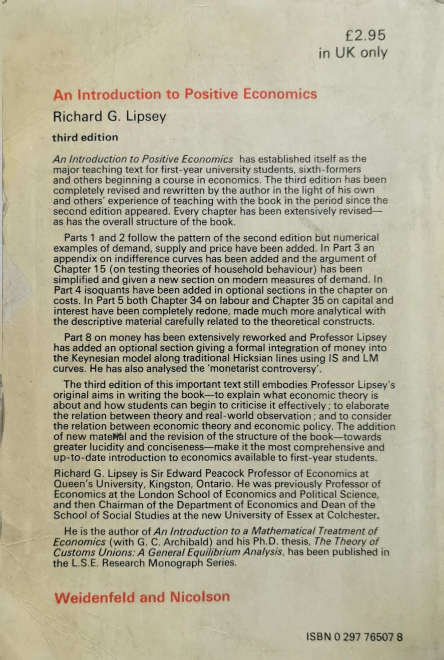 An Introduction to Positive Economics By Richard G. Lipsey