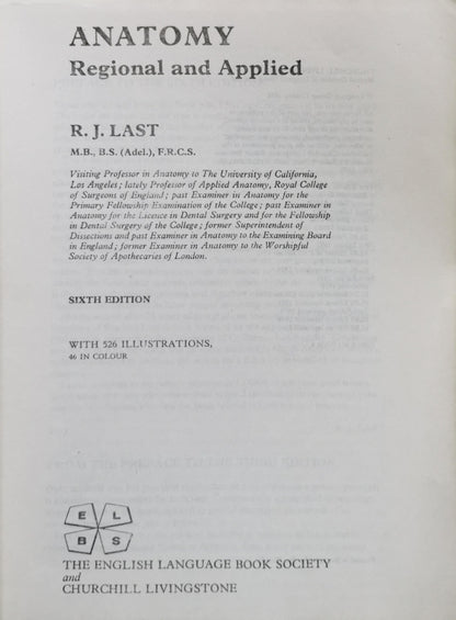 ANATOMY: Regional and Applied By R. J. Last