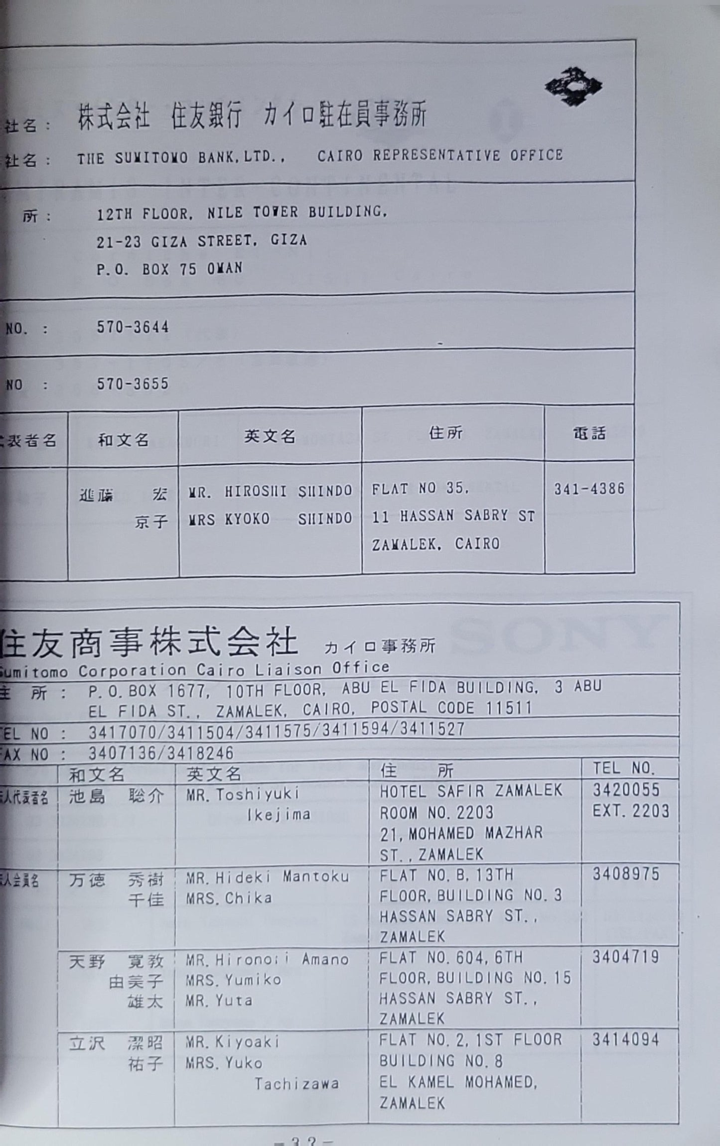 住所録: CAIRO JAPANESE CLUB DIRECTORY 1997.4-1998.3