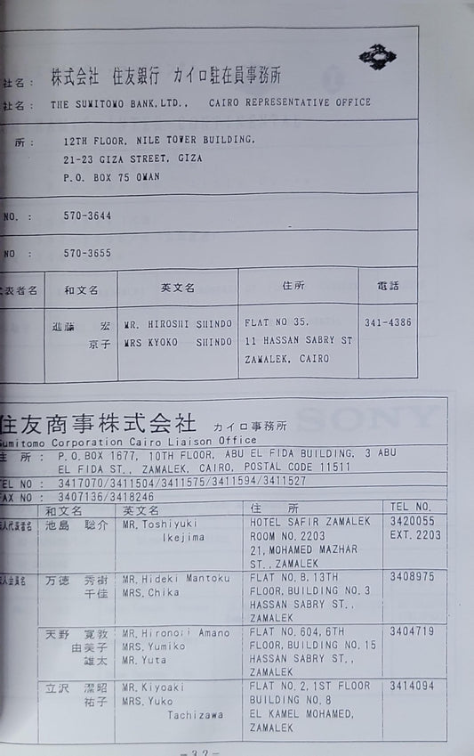 住所録: CAIRO JAPANESE CLUB DIRECTORY 1997.4-1998.3