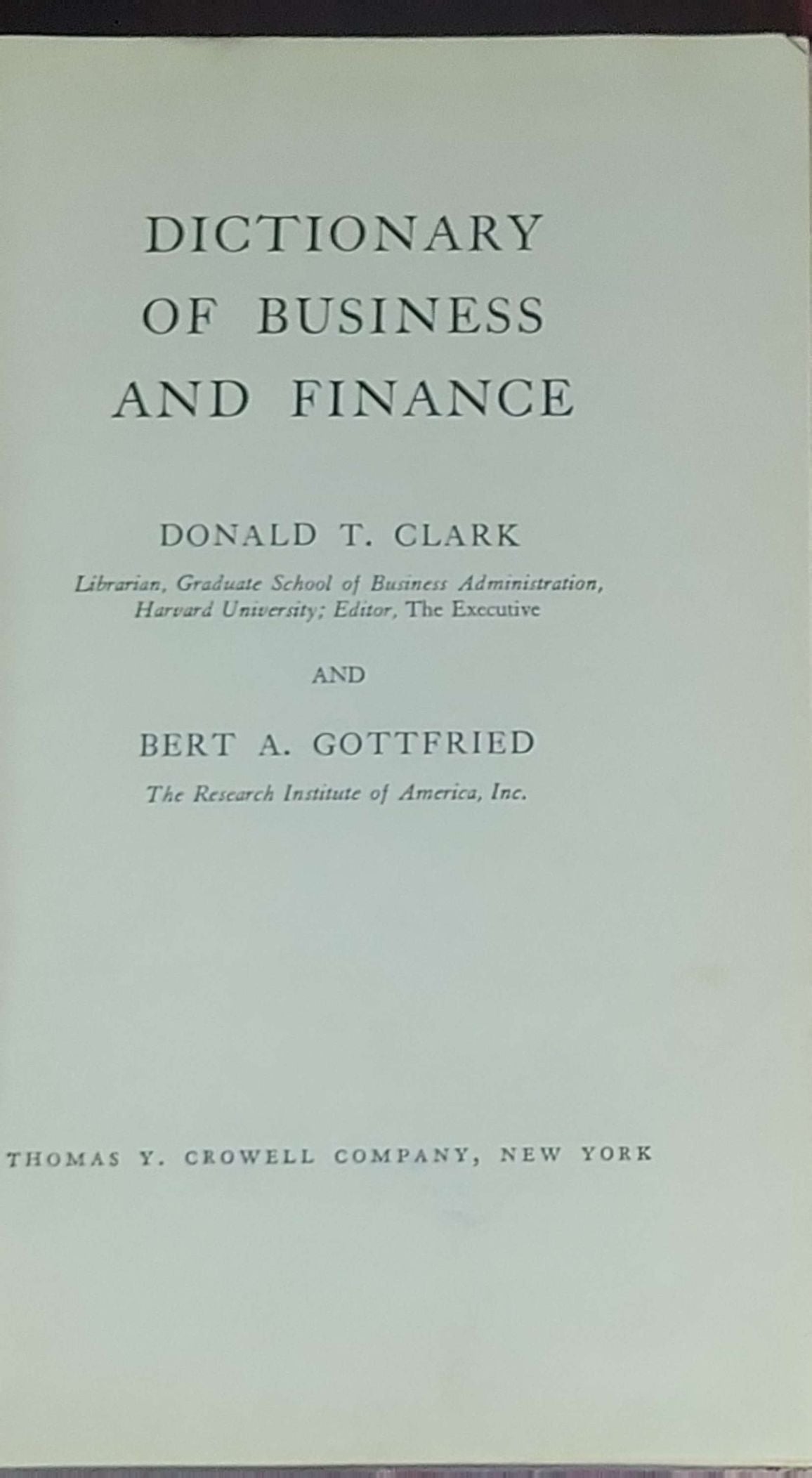 Dictionary of Business and Finance: First edition