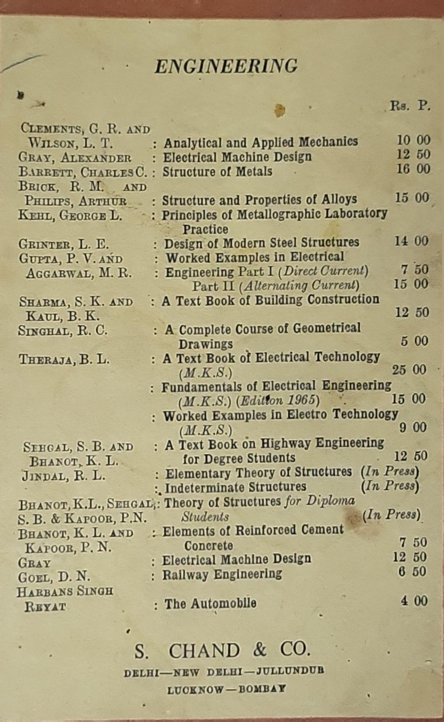 Elements of Reinforced Cement Concrete By K. L. Bhanot and P. N. Kapoor