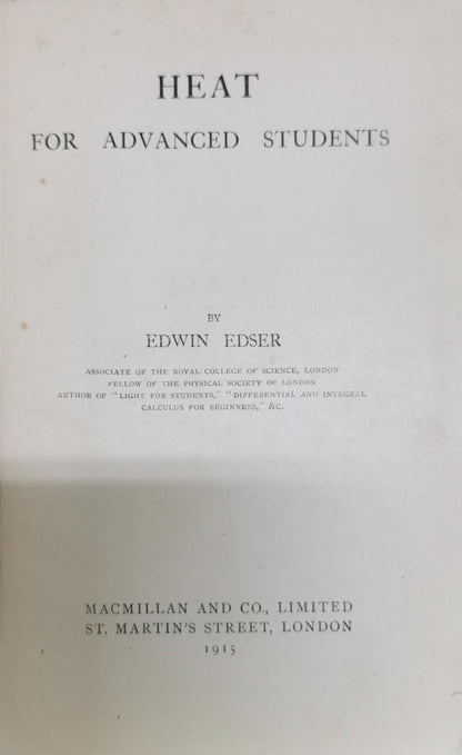 HEAT: FOR ADVANCED STUDENTS By Edwin Edser