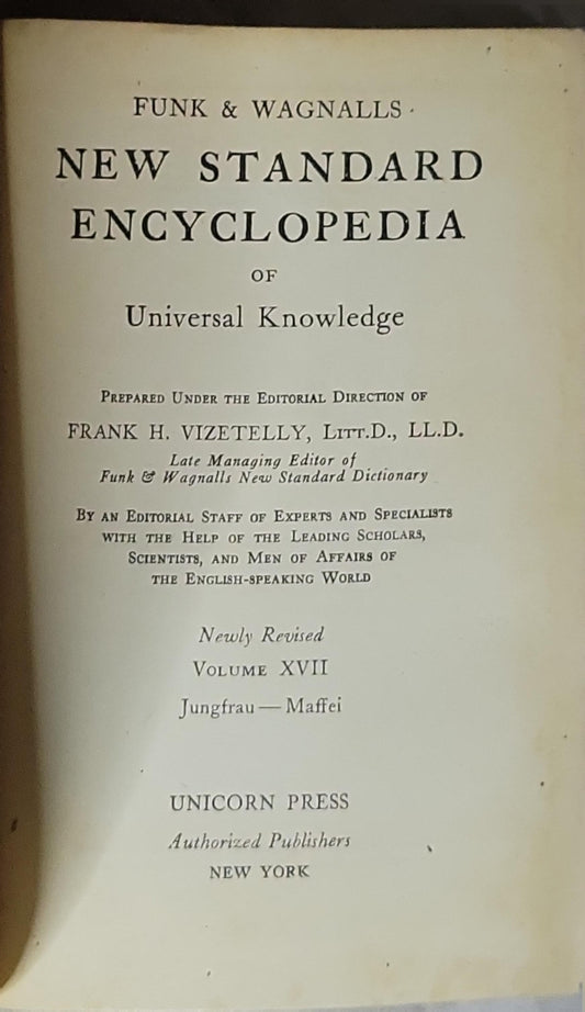 New Standard Encyclopedia of Universal Knowledge: Funk & Wagnalls By Frank H. Vizetelly, Litt.D., LL.D.