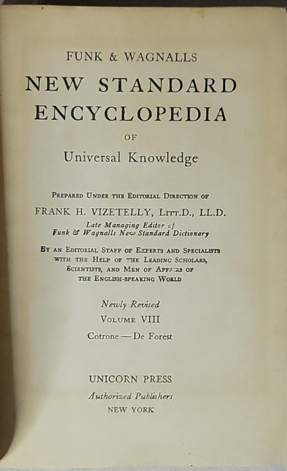 New Standard Encyclopedia of Universal Knowledge: Newly Revised Volume VIII Cotrone—De Forest By Funk & Wagnalls and Frank H. Vizetelly