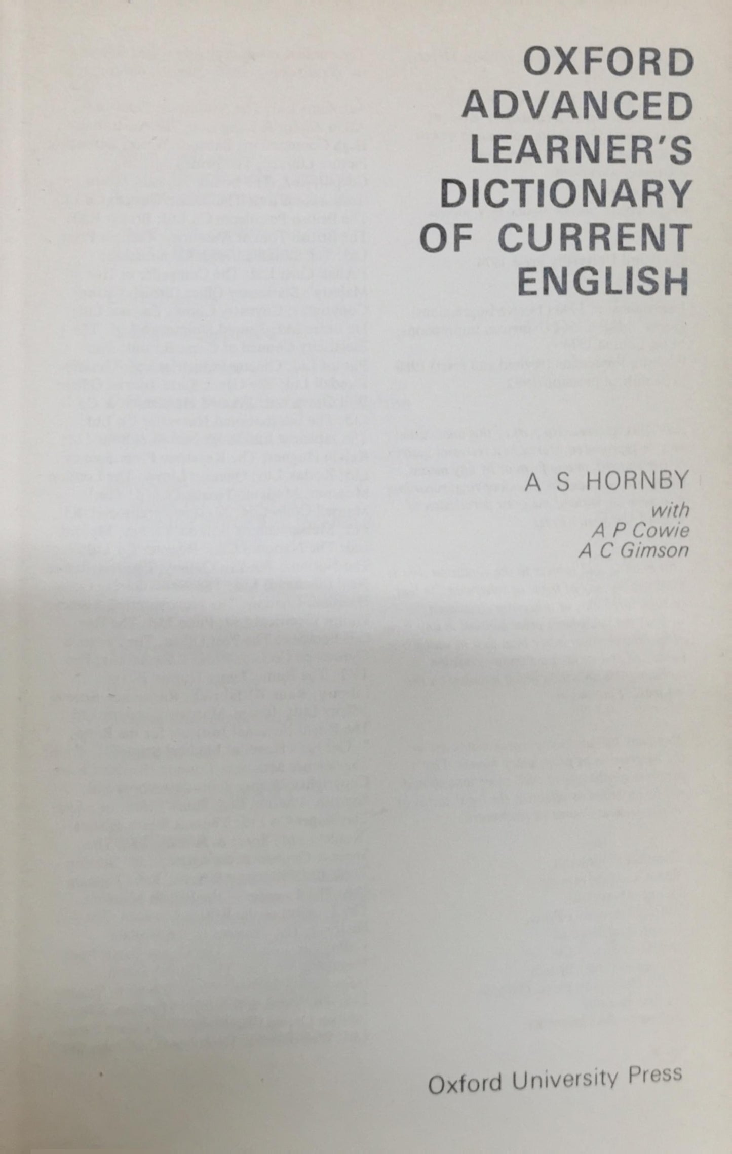 Oxford Advanced Learner's Dictionary of Current English By A S Hornby and A P Cowie and A C Gimson