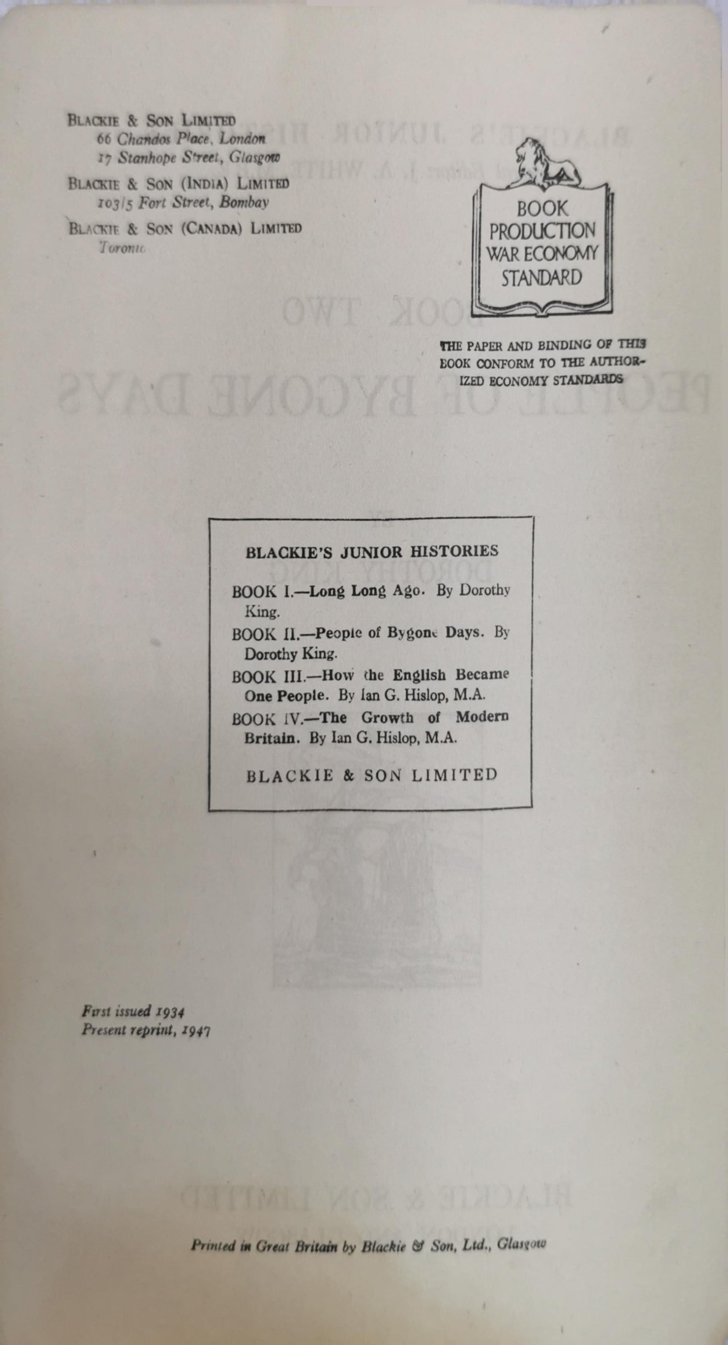 People of bygone days: Blackie's Junior Histories Book Two By Dorothy King