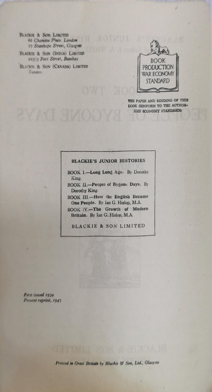 People of bygone days: Blackie's Junior Histories Book Two By Dorothy King