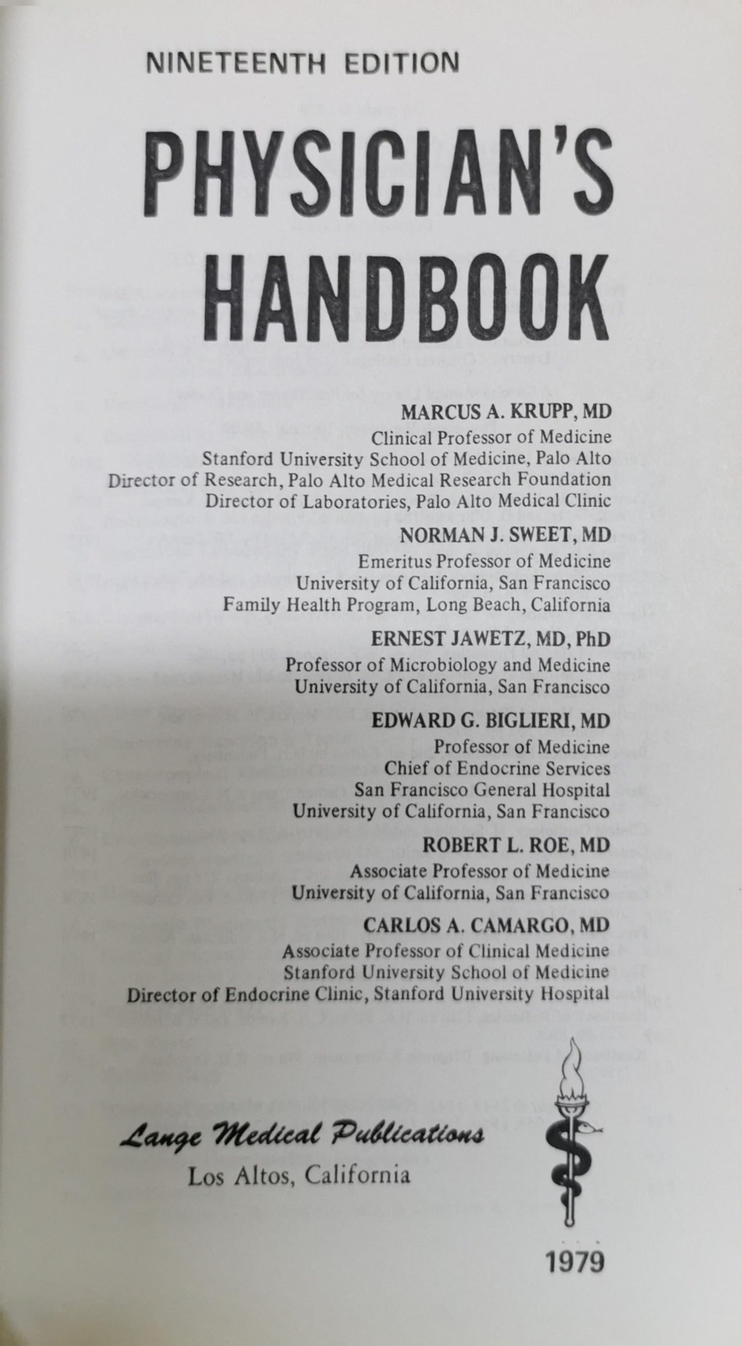 Physician's Handbook By Marcus A. Krupp and Norman J. Sweet and Ernest Jawetz and Edward G. Biglieri and Robert L. Roe and Carlos A. Camargo