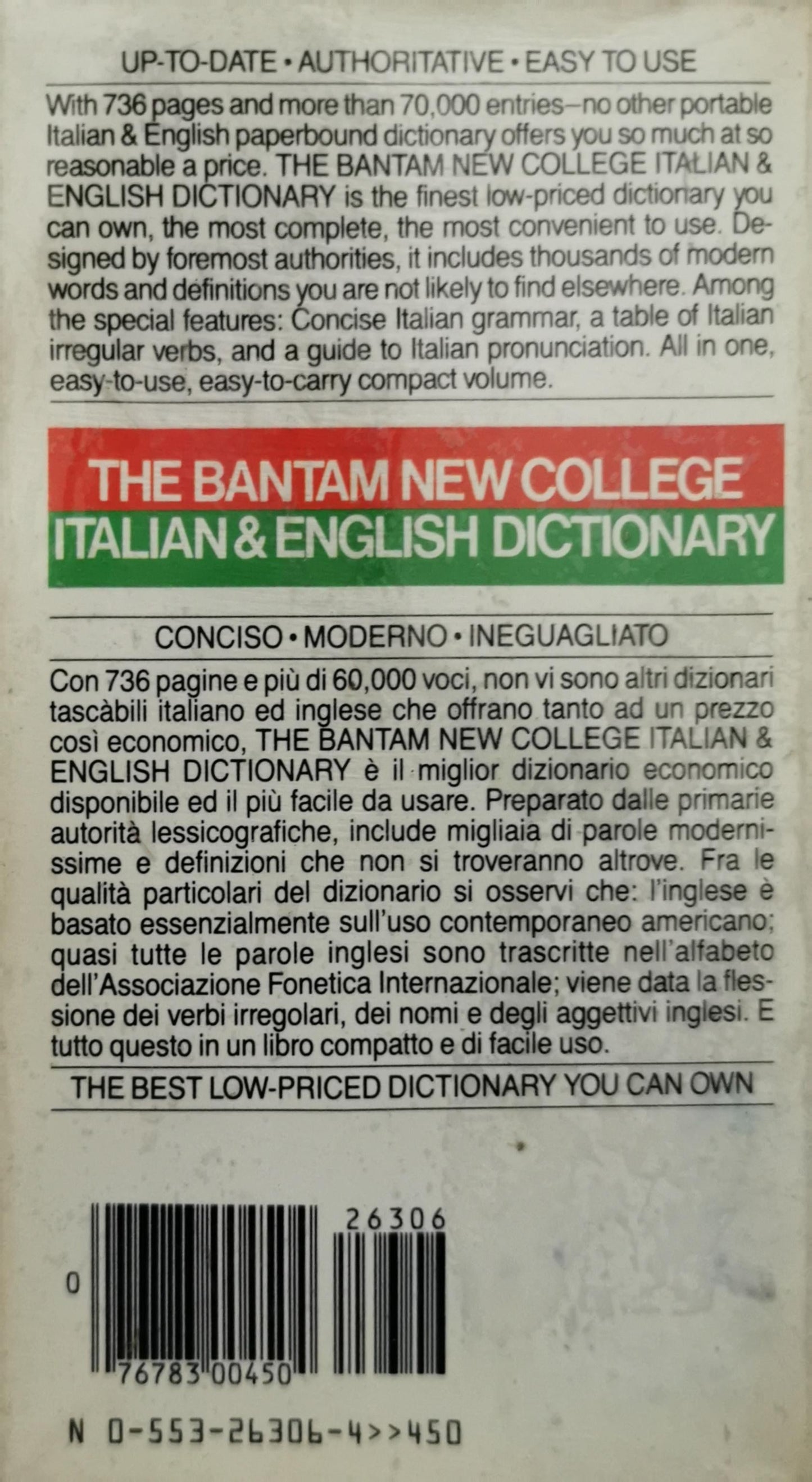The Bantam New College Italian & English Dictionary By Robert C. Melzi, Ph.D.