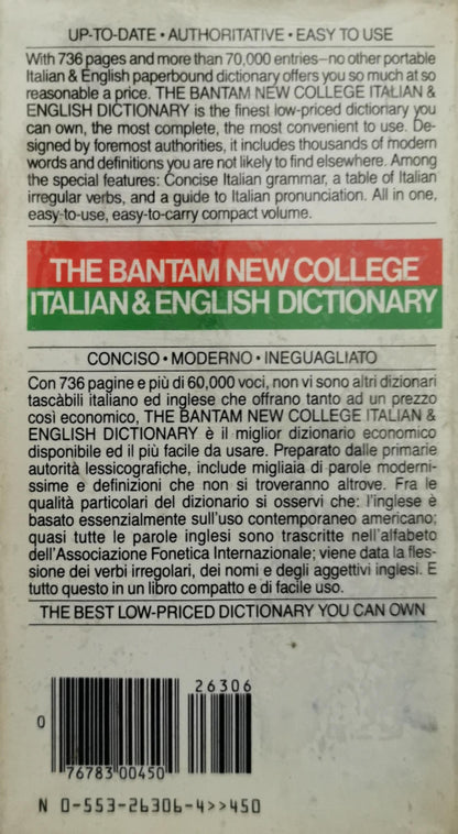 The Bantam New College Italian & English Dictionary By Robert C. Melzi, Ph.D.