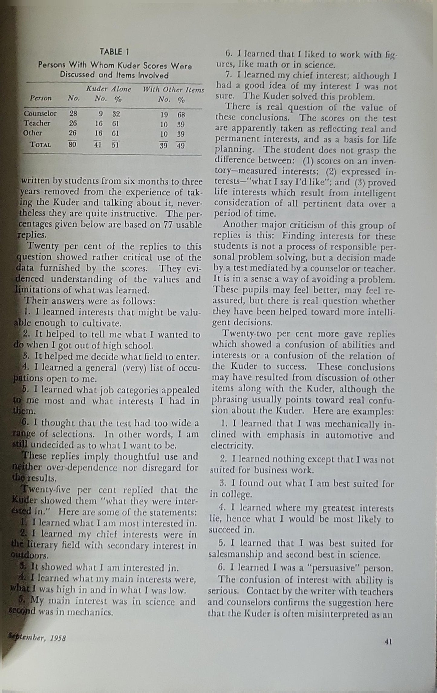 The Personnel and Guidance Journal: September 1958