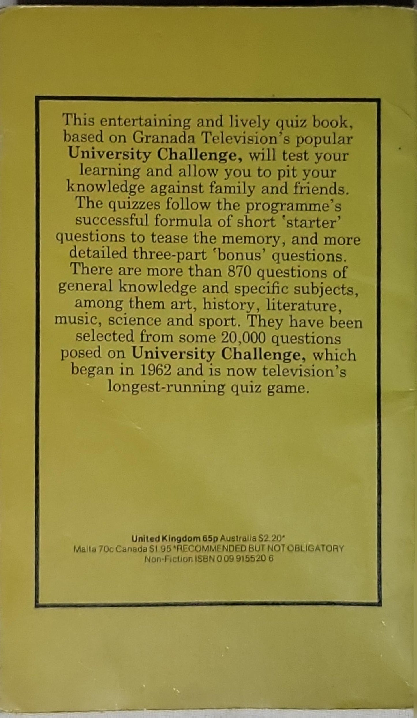 University Challenge Quiz Book By ITV Books and Arrow