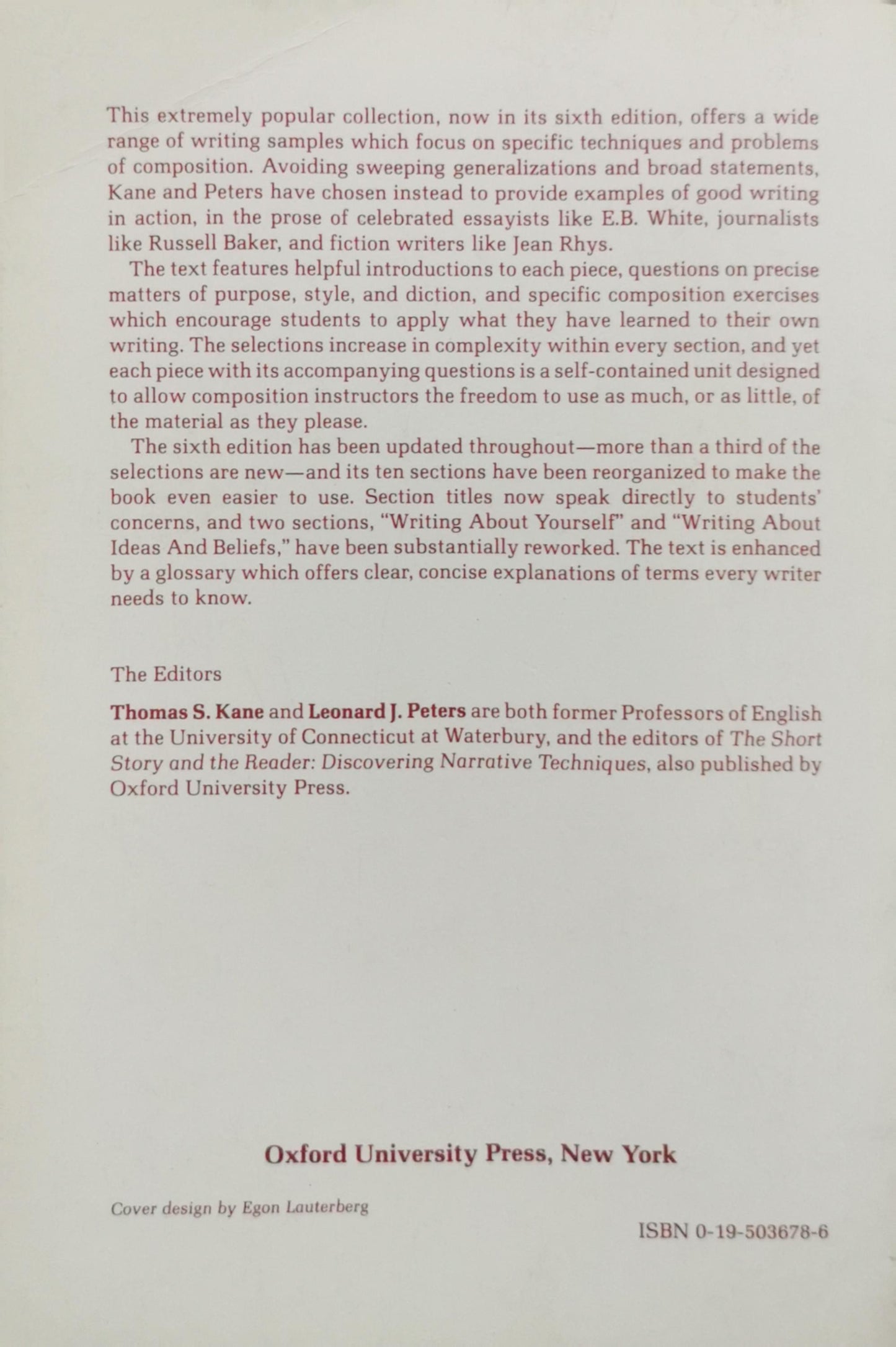 Writing Prose: Techniques and Purposes By Thomas S. Kane and Leonard J. Peters